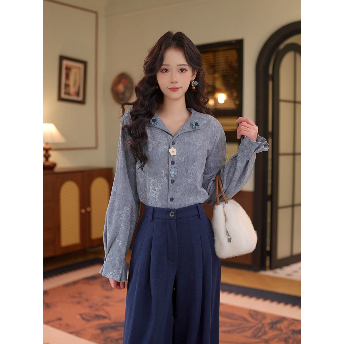 DaYuanSAD【凝芙】芷莹花卉衬衫女秋冬季叠穿打底衬衣上衣#G15245