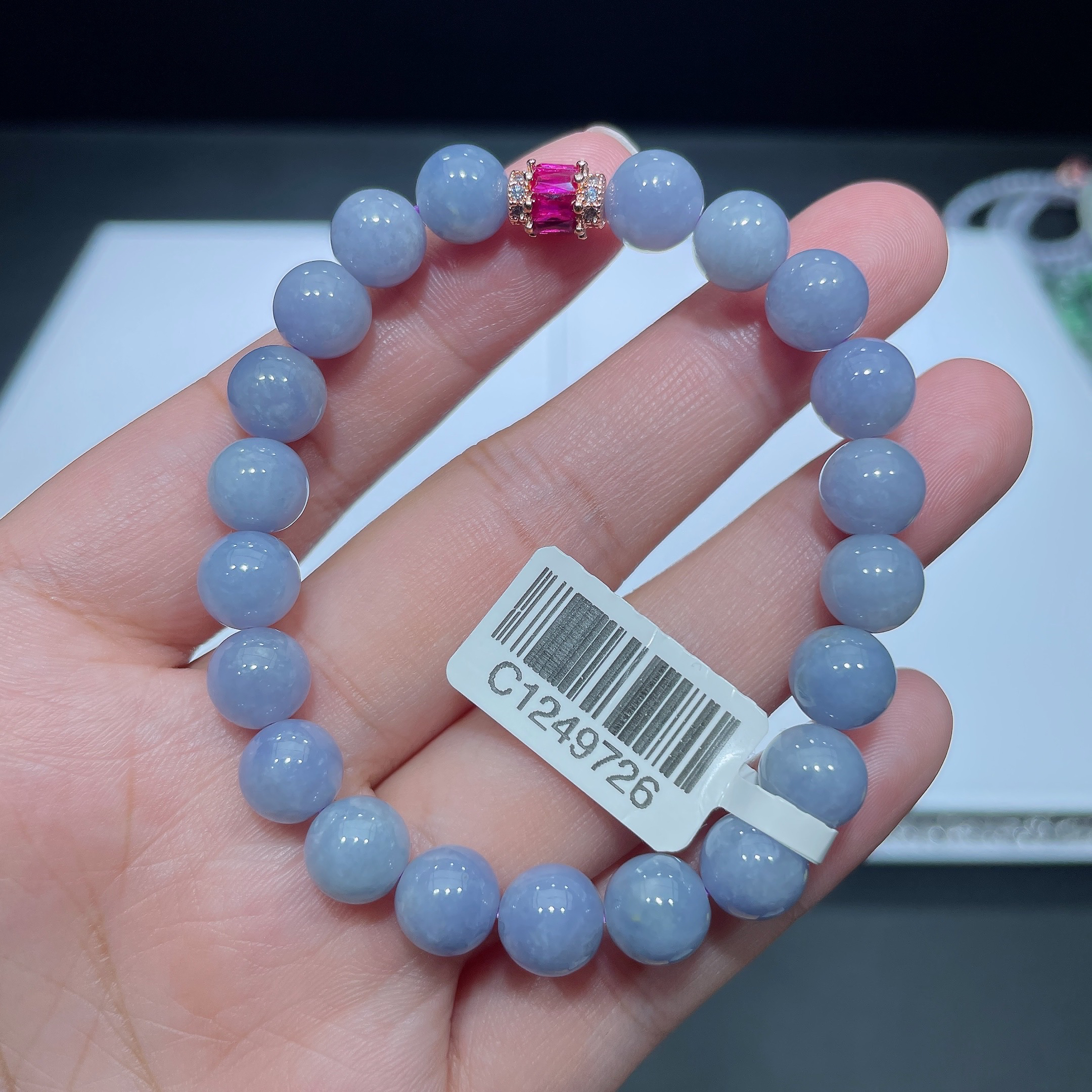 缅甸天然翡翠A货紫罗兰圆珠手串卡8+