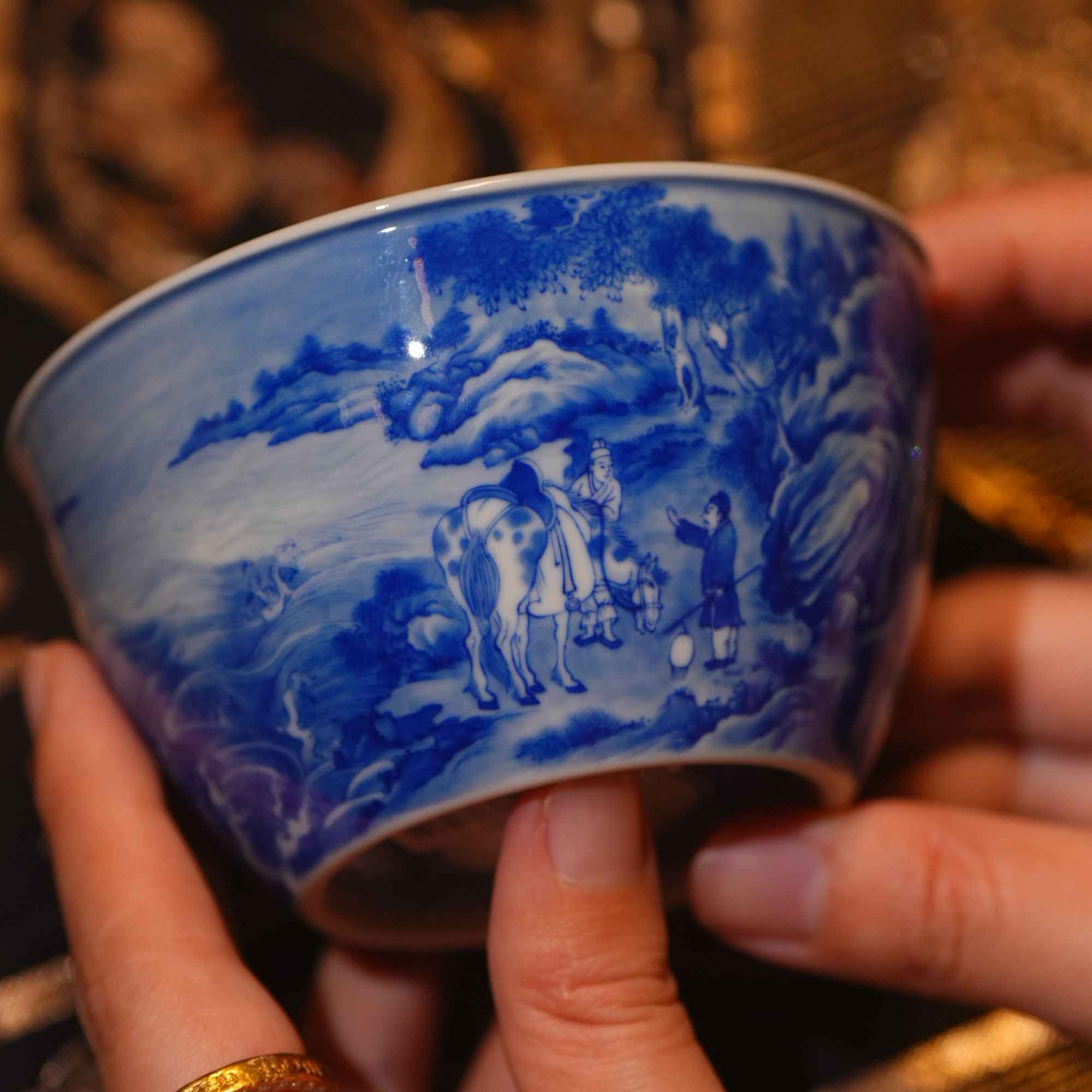 恒垣山房重工青花山水内外画琵琶行主人杯高端陶瓷上善杯翠毛蓝