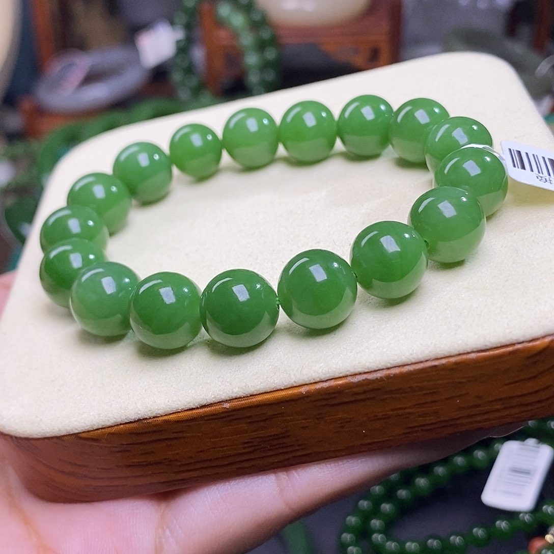 和田玉碧玉满色满绿老料约12mm手串未镶嵌