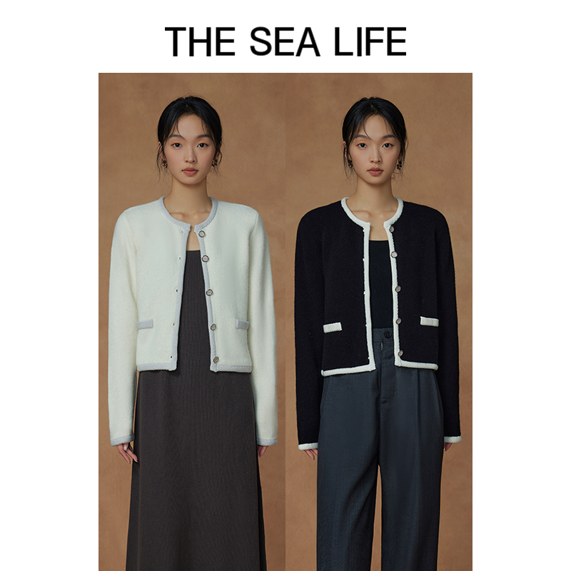 THESEALIFE欧海一生 小香风针织外套秋绵羊毛黑白时尚13055