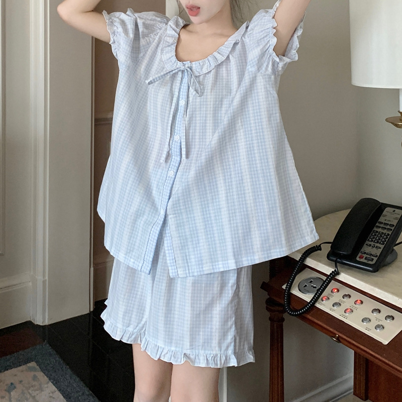 蓝色格子睡衣家居服女夏季新款小清新短袖80-150斤薄款套装