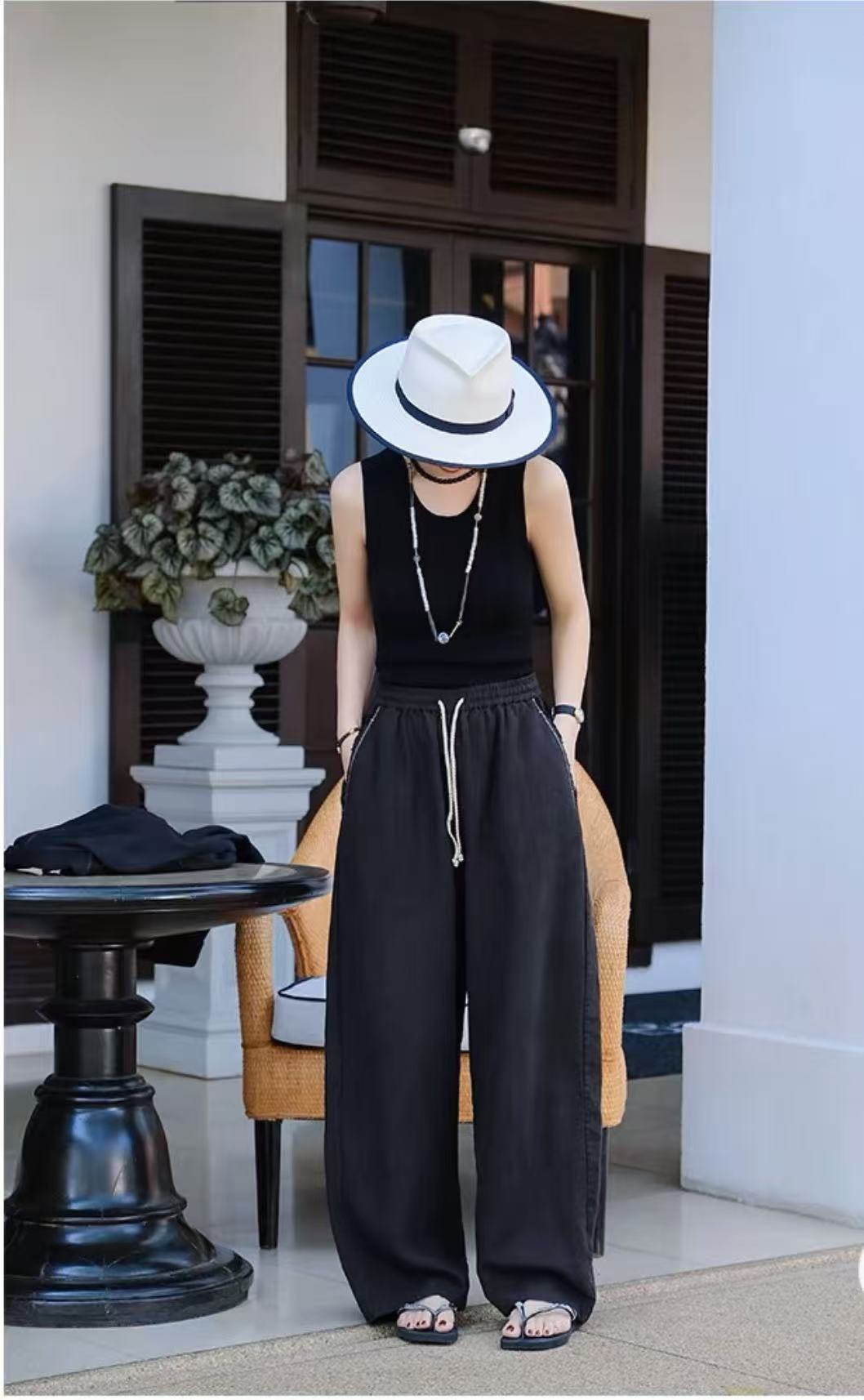 亚麻刺绣阔腿裤  法国进口纯雨露麻