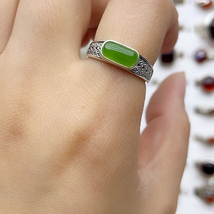 和田玉戒指银S925镶嵌天然