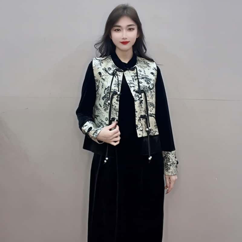 两件套裙韩国绒连衣裙+马甲(带里衬）国风拼接提花时尚套装#子1559