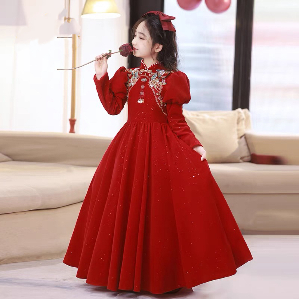 【良辰美景】【玖月】长袖长款红色丝绒保暖礼服裙年会主持公主裙秋季