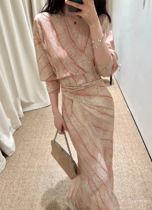 气质夏季法式显瘦轻奢印花女装真丝长款连衣裙