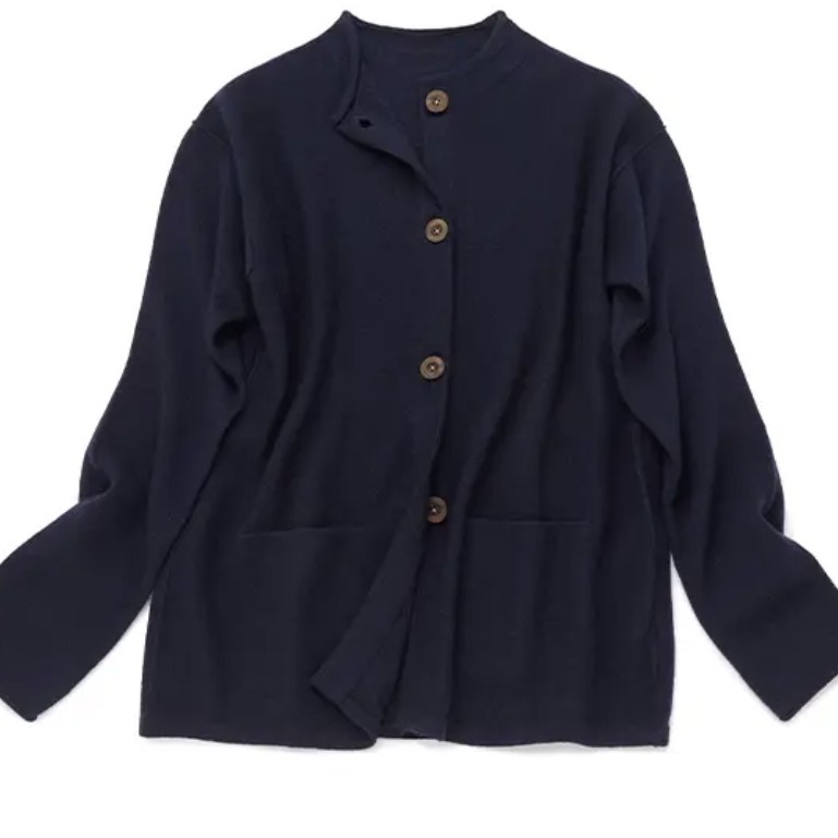 新式复古中山领羊绒长袖黑色女开衫自带卷边领纯色百搭羊绒衫针织