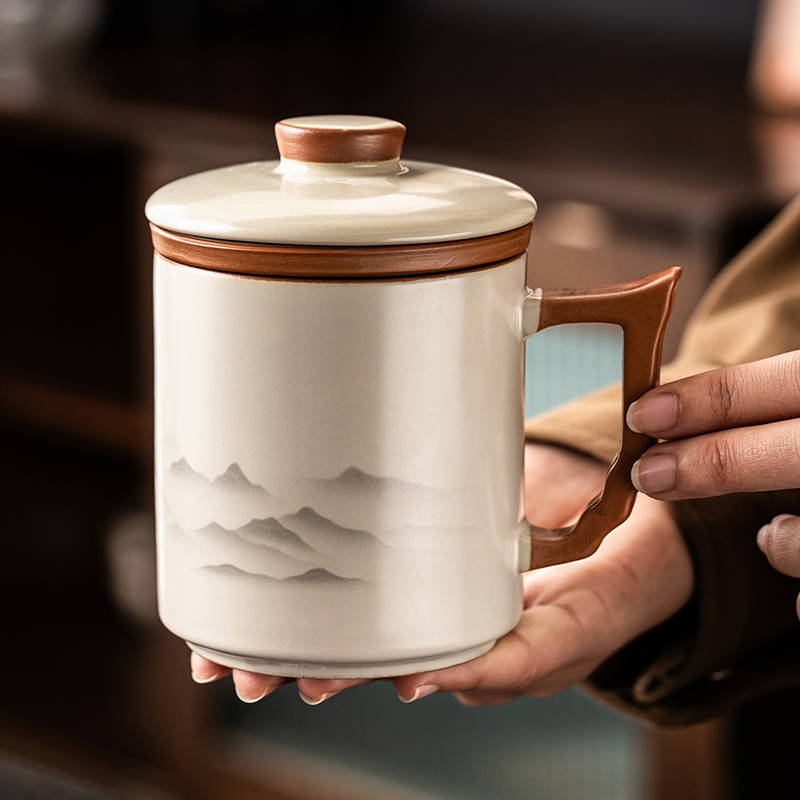 汝窑陶瓷家用泡茶杯带盖过滤茶水分离办公杯水杯大容量马克杯礼盒