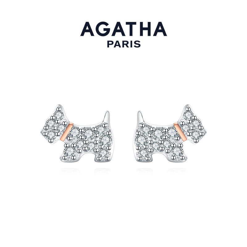 AGATHA 925银合成锆石耳饰 法兰西系列小狗耳钉简约闪耀耳钉DX