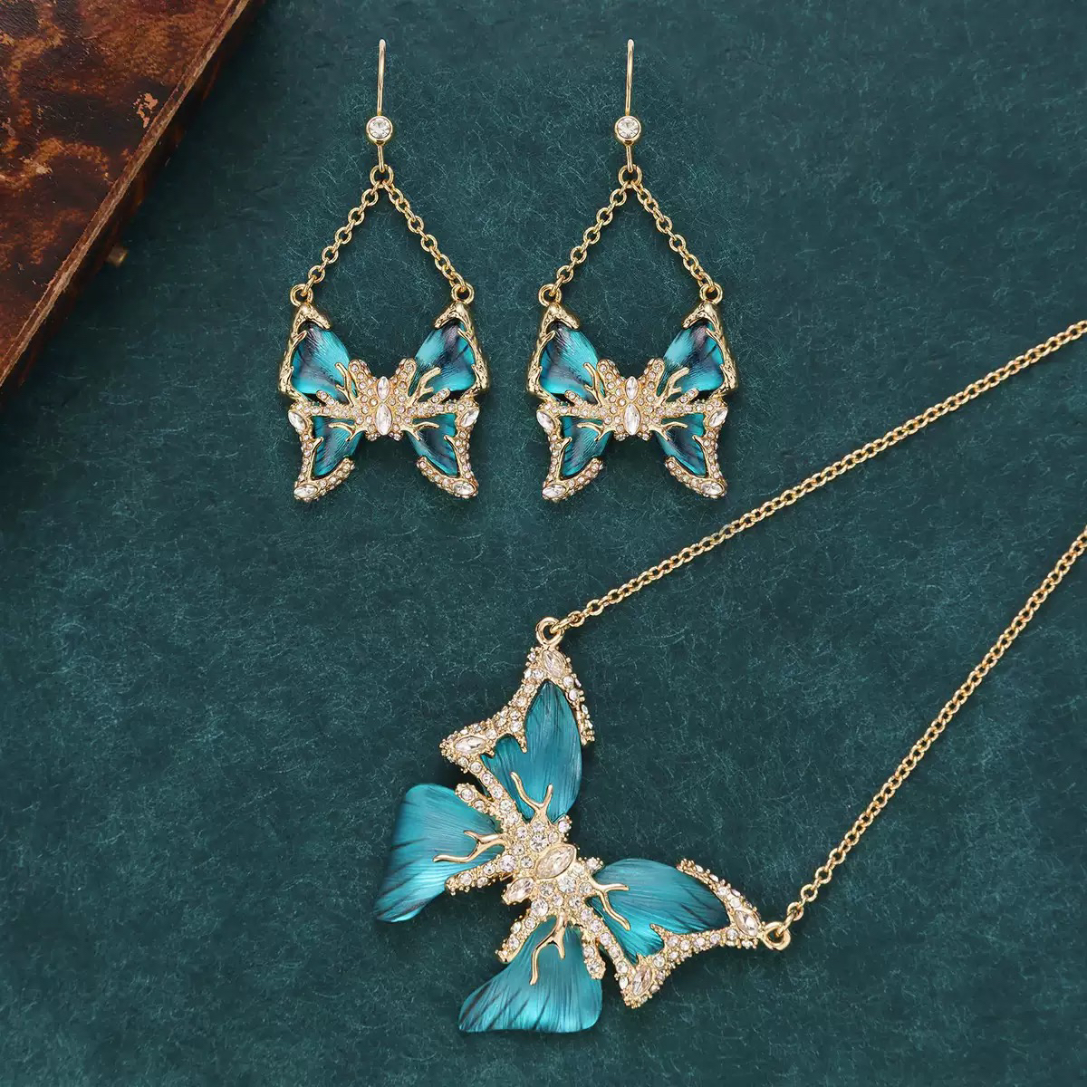 铜合金珐琅项链 项链耳后套装中古风vintage镶锆青绿渐变珐琅蝴蝶