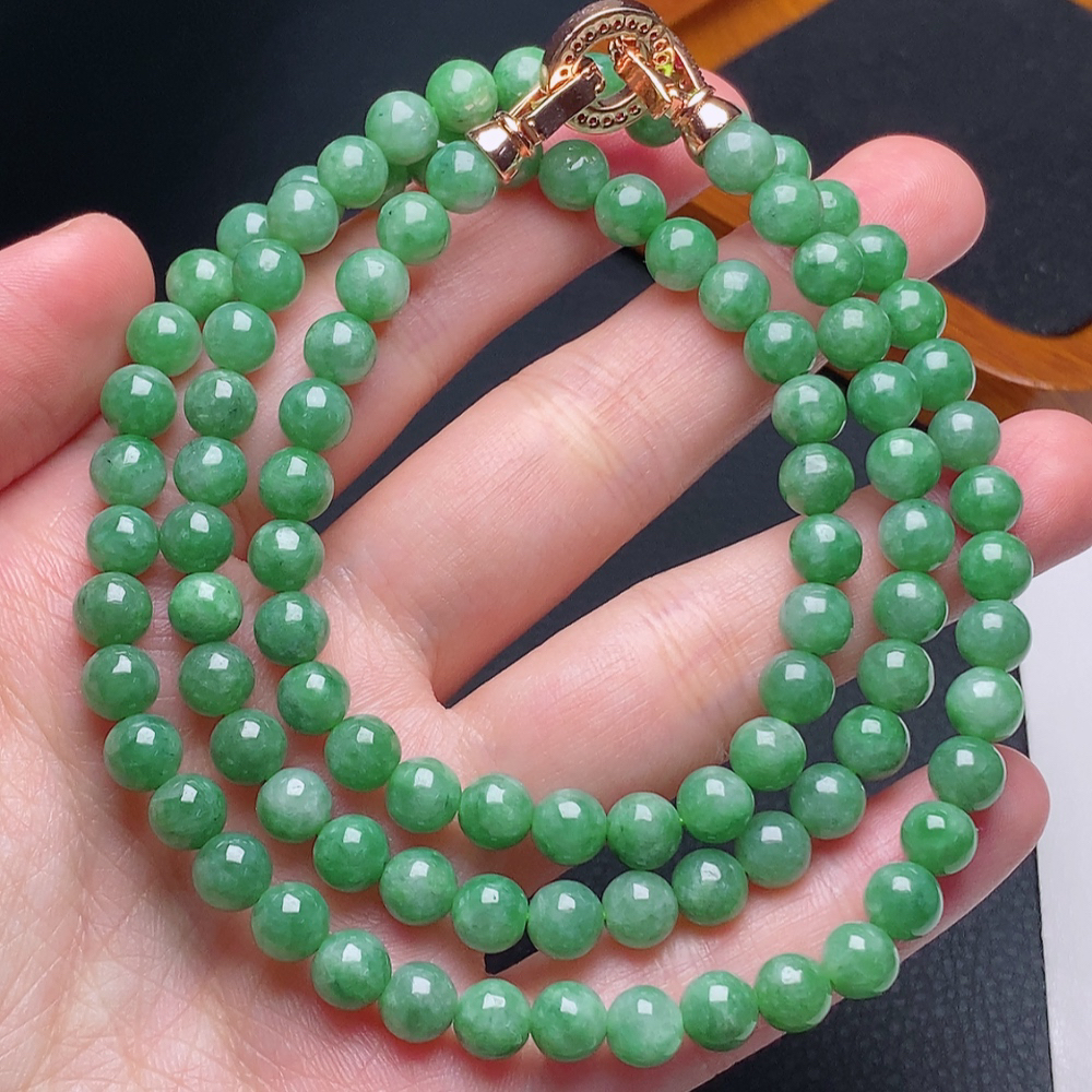 缅甸天然翡翠a货冰润满绿圆珠项链卡6.2mm珠珠长链菠菜绿气质
