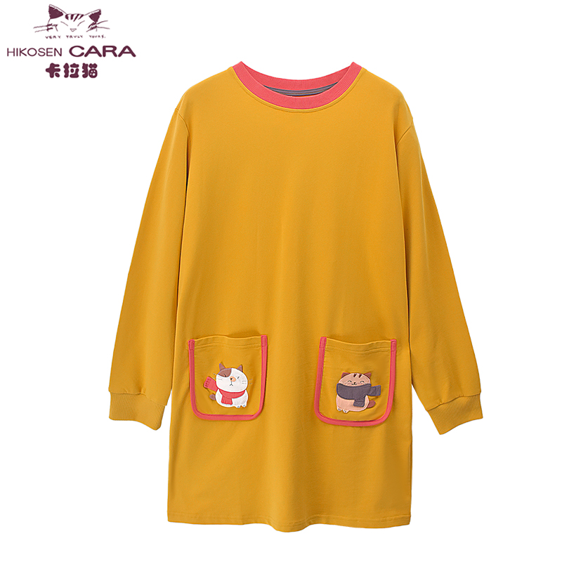 HIKOSEN CARA卡拉猫夏季女士宽松口袋中长款长袖T恤连衣裙