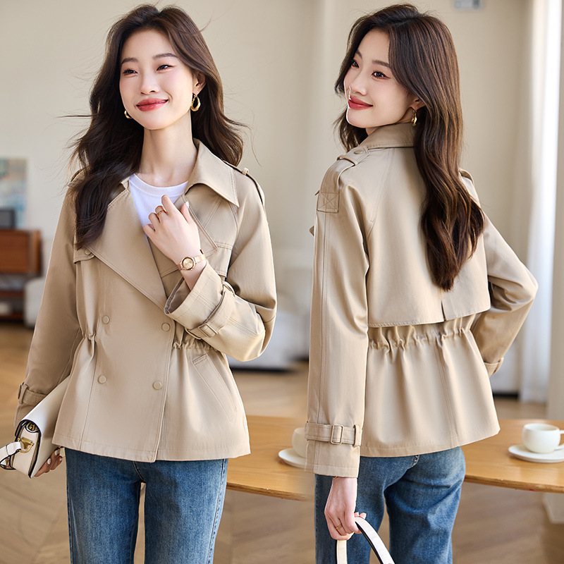 短款风衣外套女双排扣2025年秋装新西装领抽绳韩版小个子女士上衣
