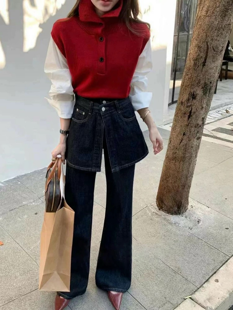 【57182】初#假两件设计高腰直筒微喇牛仔裤