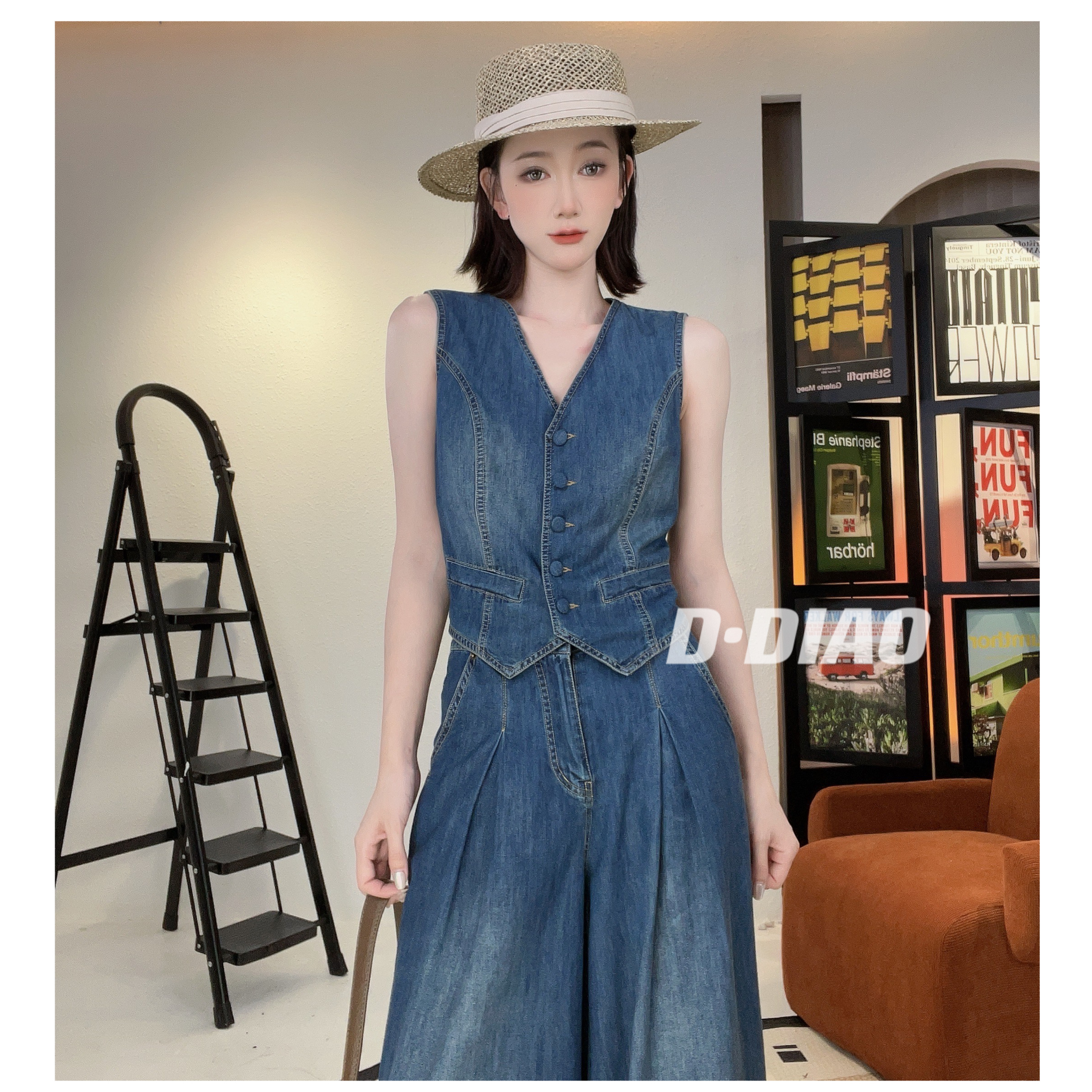 【小奈】复古小众设计感马甲+高腰显瘦牛仔长裤