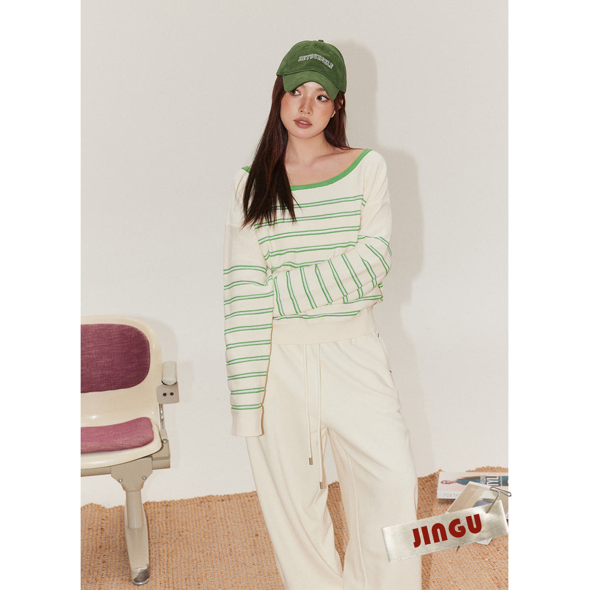 白标~久等啦～大圆领下摆收口横条纹针织衫女秋冬时尚休闲上衣