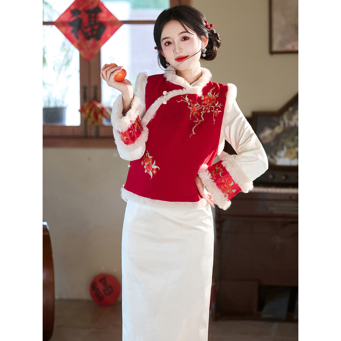 其它100%新中式旗袍2025新款女秋冬季长袖改良连衣裙冬装外搭马甲