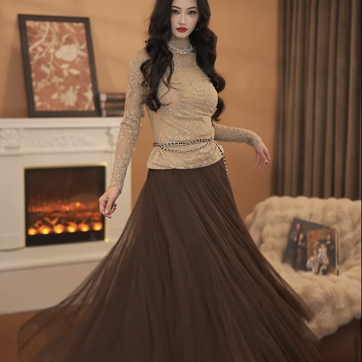 【于一】百褶裙网纱半身裙大摆百搭A字长裙-ZX785