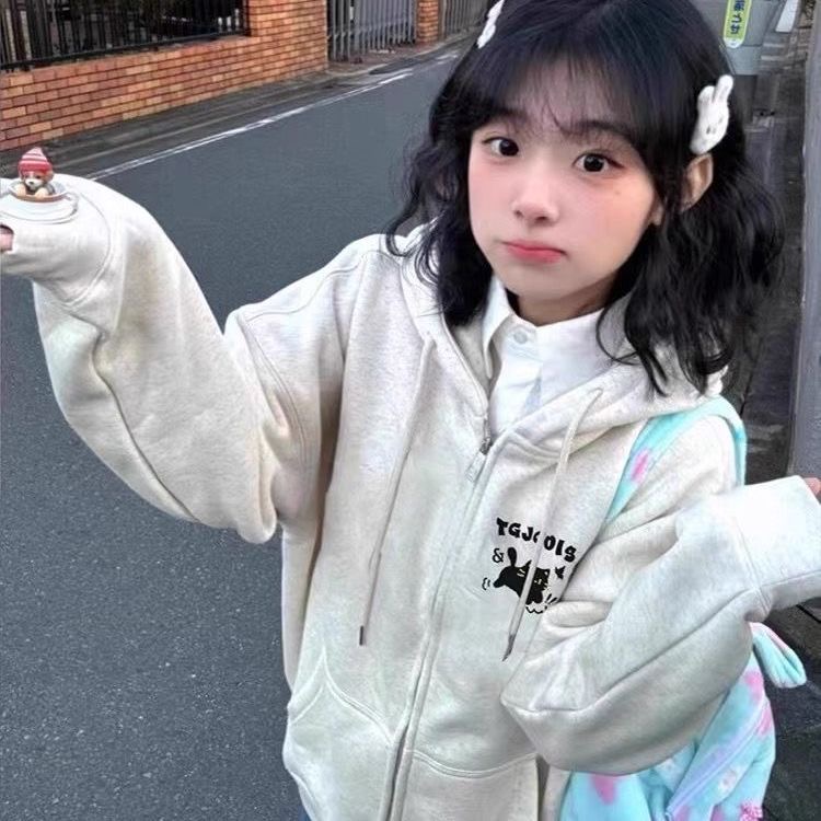 宽松落肩拉链连帽卫衣外套韩版加绒上衣慵懒风印花开衫学生ins