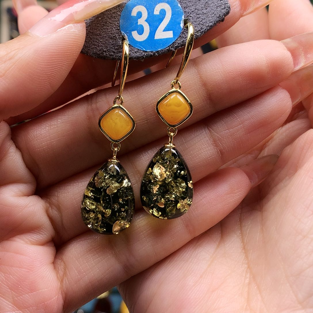 绿珀耳饰银S925镶嵌耳坠