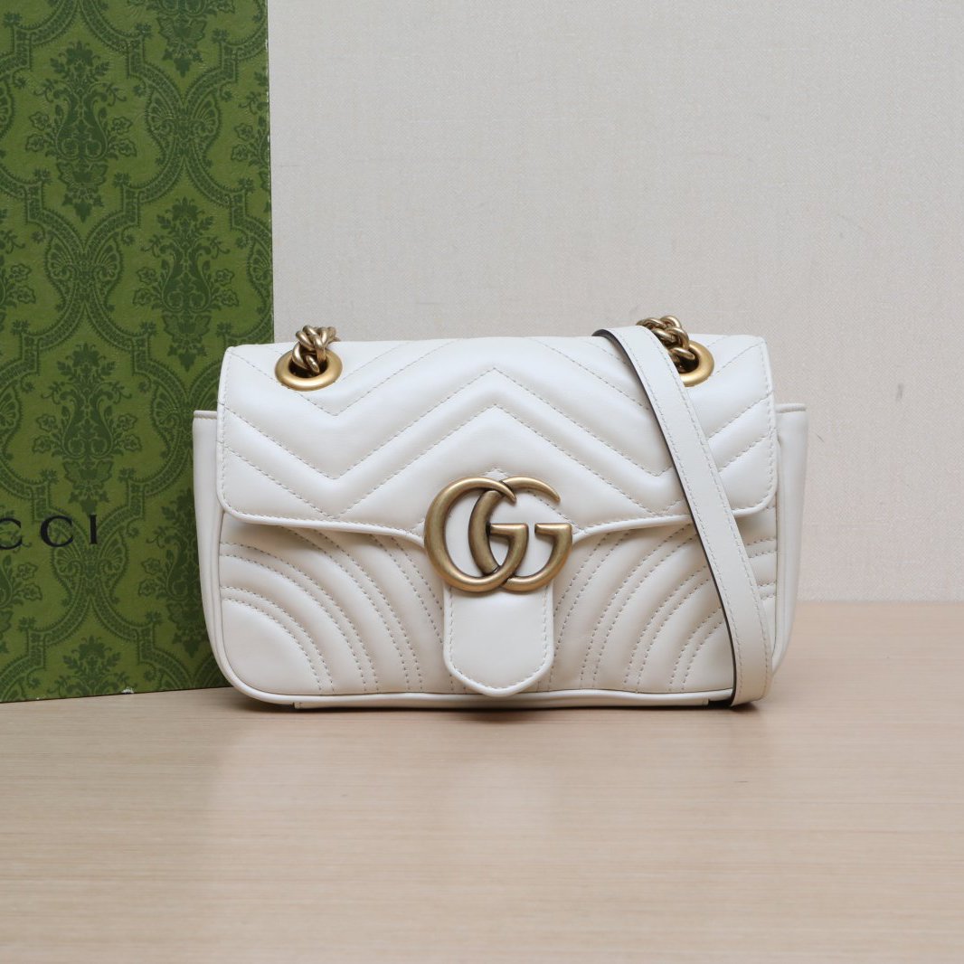 95新 GUCCI/古驰 -100小花攀攀GG Marmont 肩背包 Mini 22 白色 
