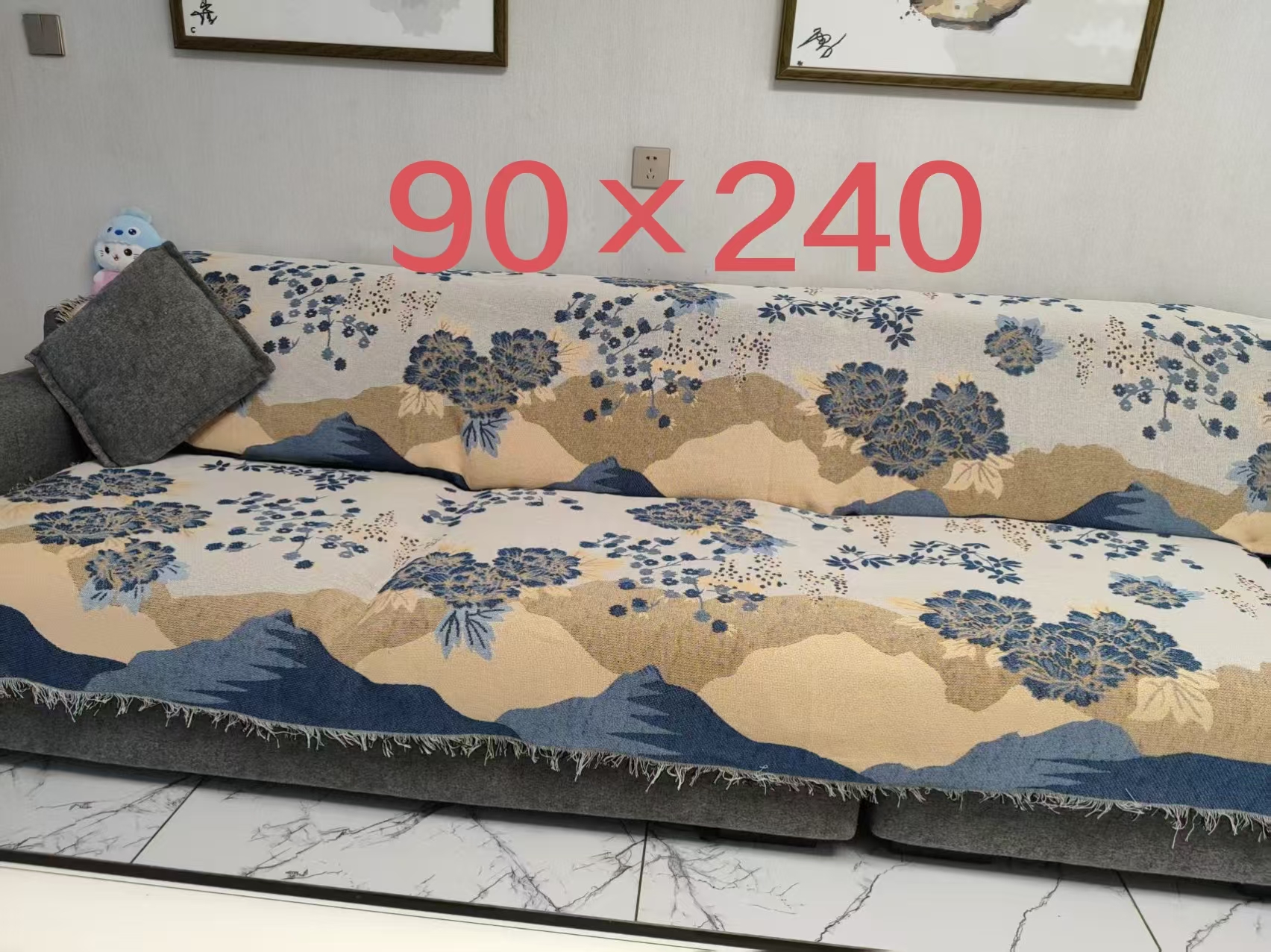 【三人座】山水牡丹90*240±5cm加流苏沙发巾沙发垫防滑四季款