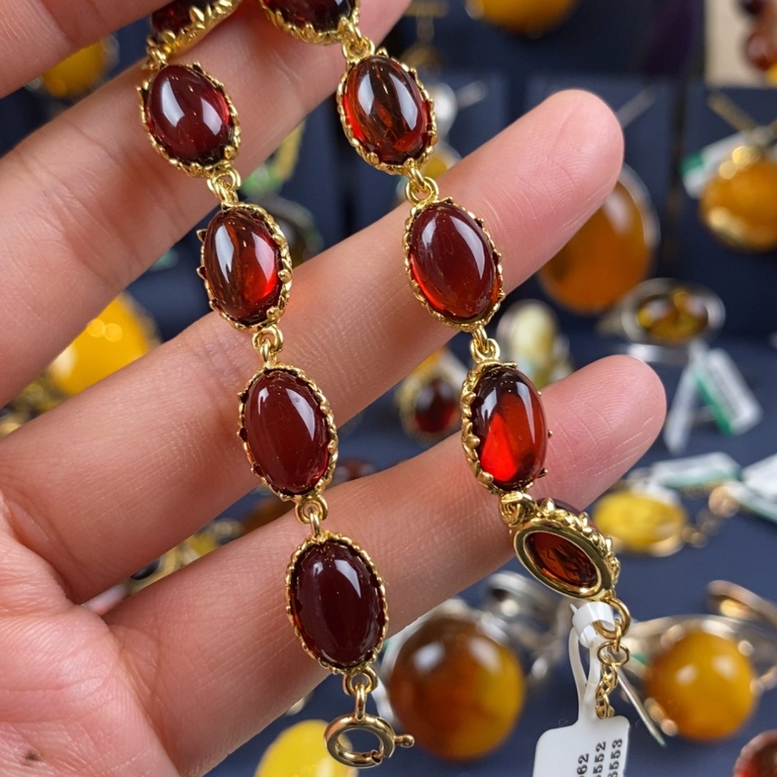 琥珀手链银S925镀金镶嵌