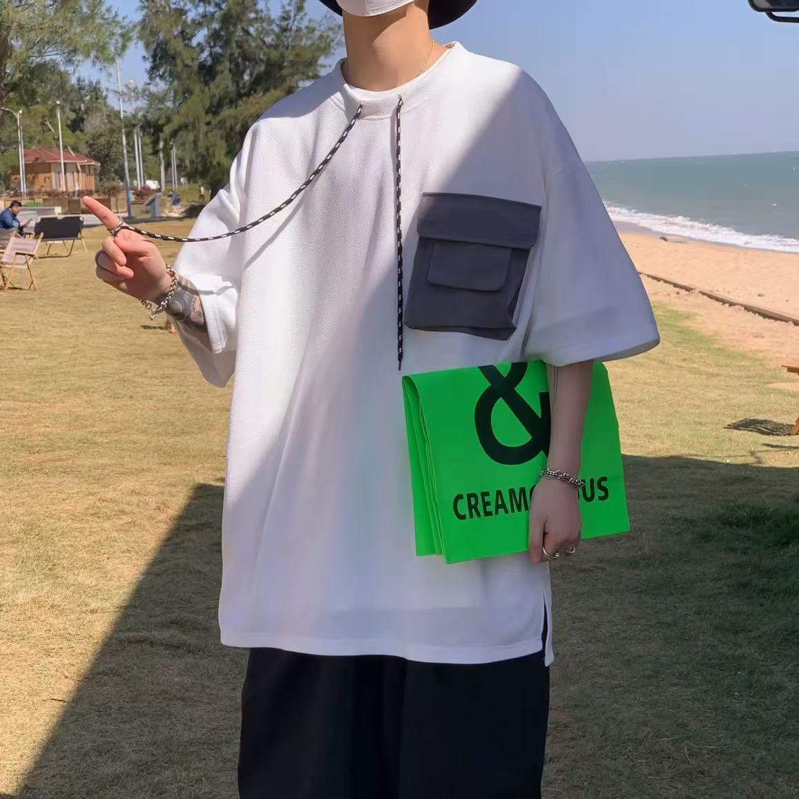 情侣撞色口袋ins潮牌无性别夏季短袖t恤男女宽松帅气高街学生上衣