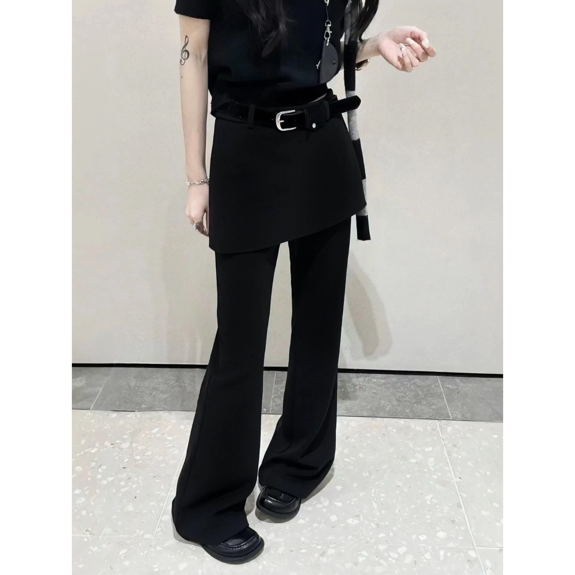 冬季新款韩版加绒高腰显瘦百搭休闲腰带屁帘微喇长裤