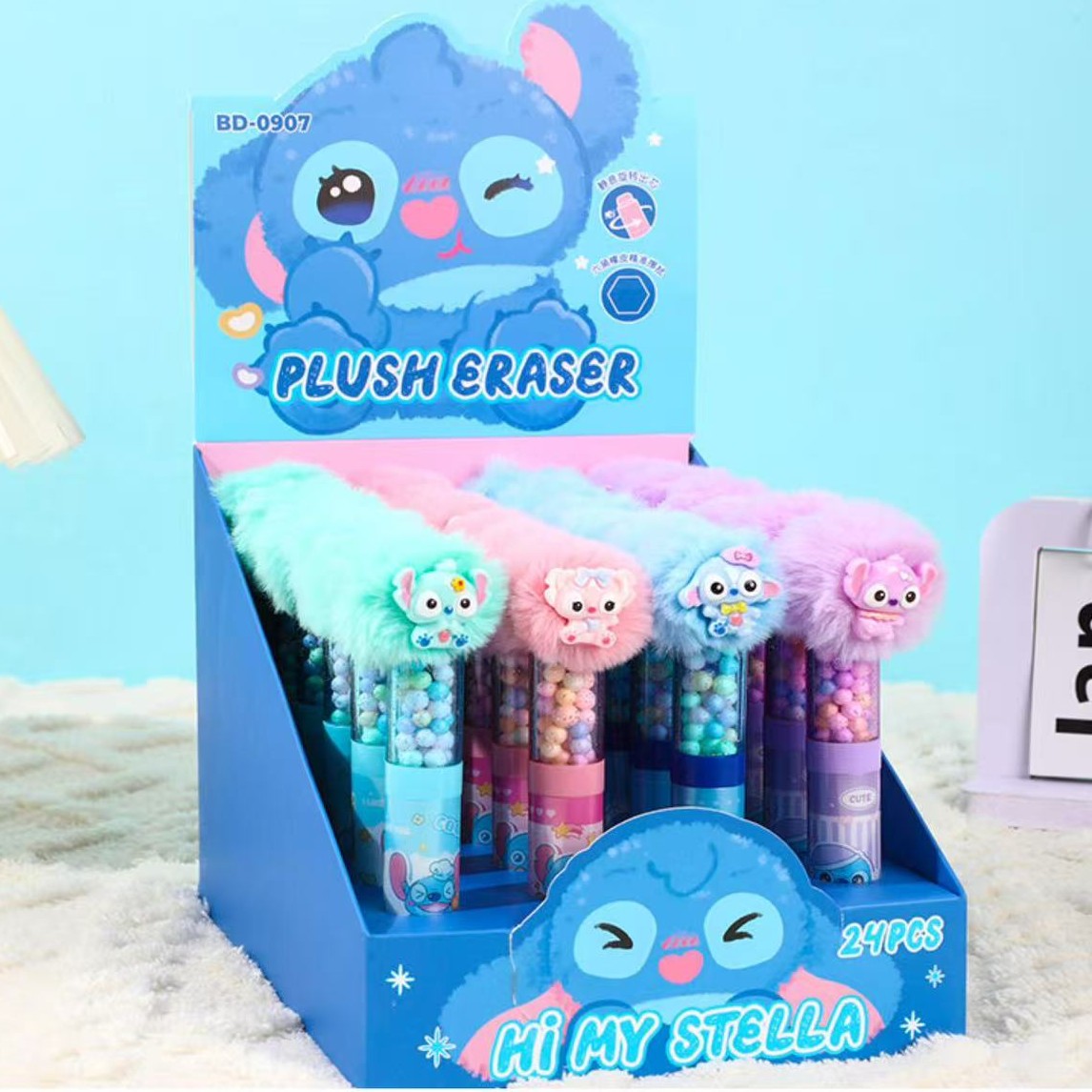 C-2高颜值卡通毛绒扭扭橡皮擦一盒24个