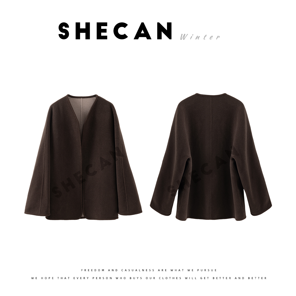 SHECAN【檀风】秋冬新款时尚100羊毛双面呢短款轻奢V领大衣5DC027
