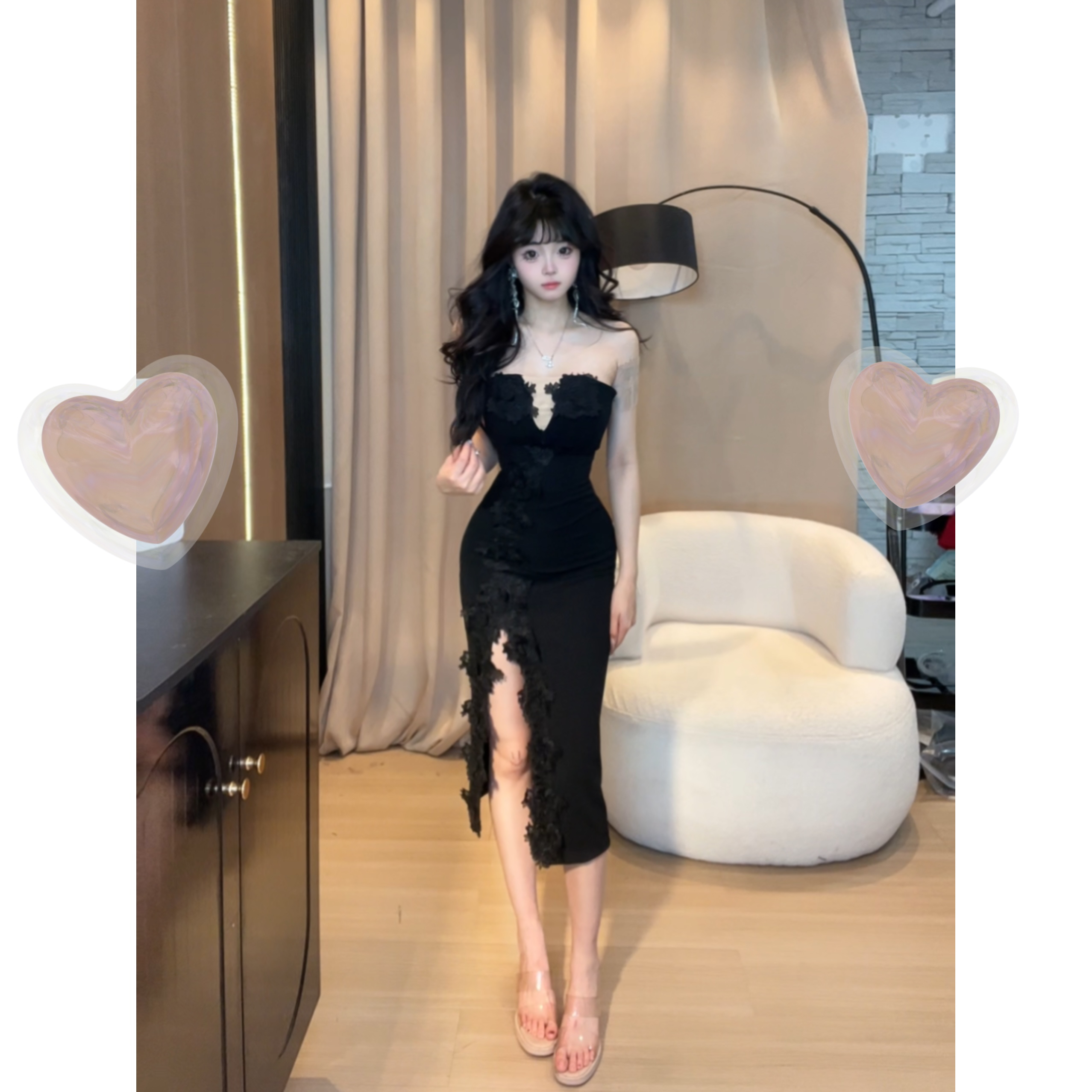 F011人间尤物】蕾丝拼接连衣裙性感高腰辣妹修身开叉长裙女f011
