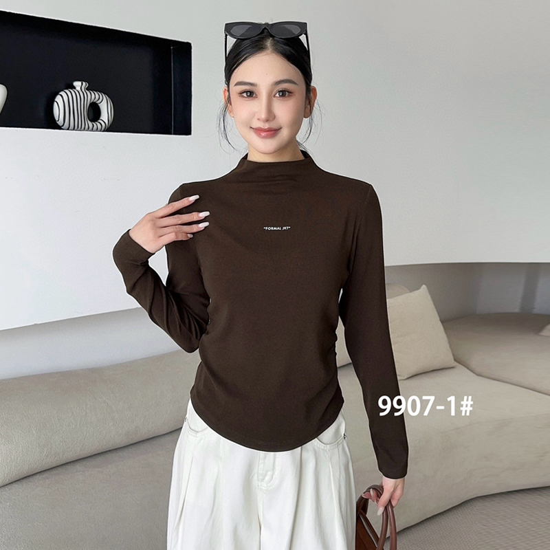 尚品秀9907-1半高领打底衫2025秋冬前后两穿抽褶收腰百搭长袖上衣