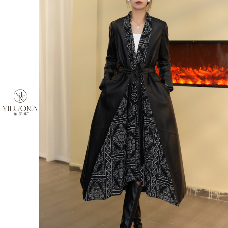 【依罗娜】85105 秋冬新款丝巾款真皮皮衣女士绵羊皮风衣外套鹅绒服