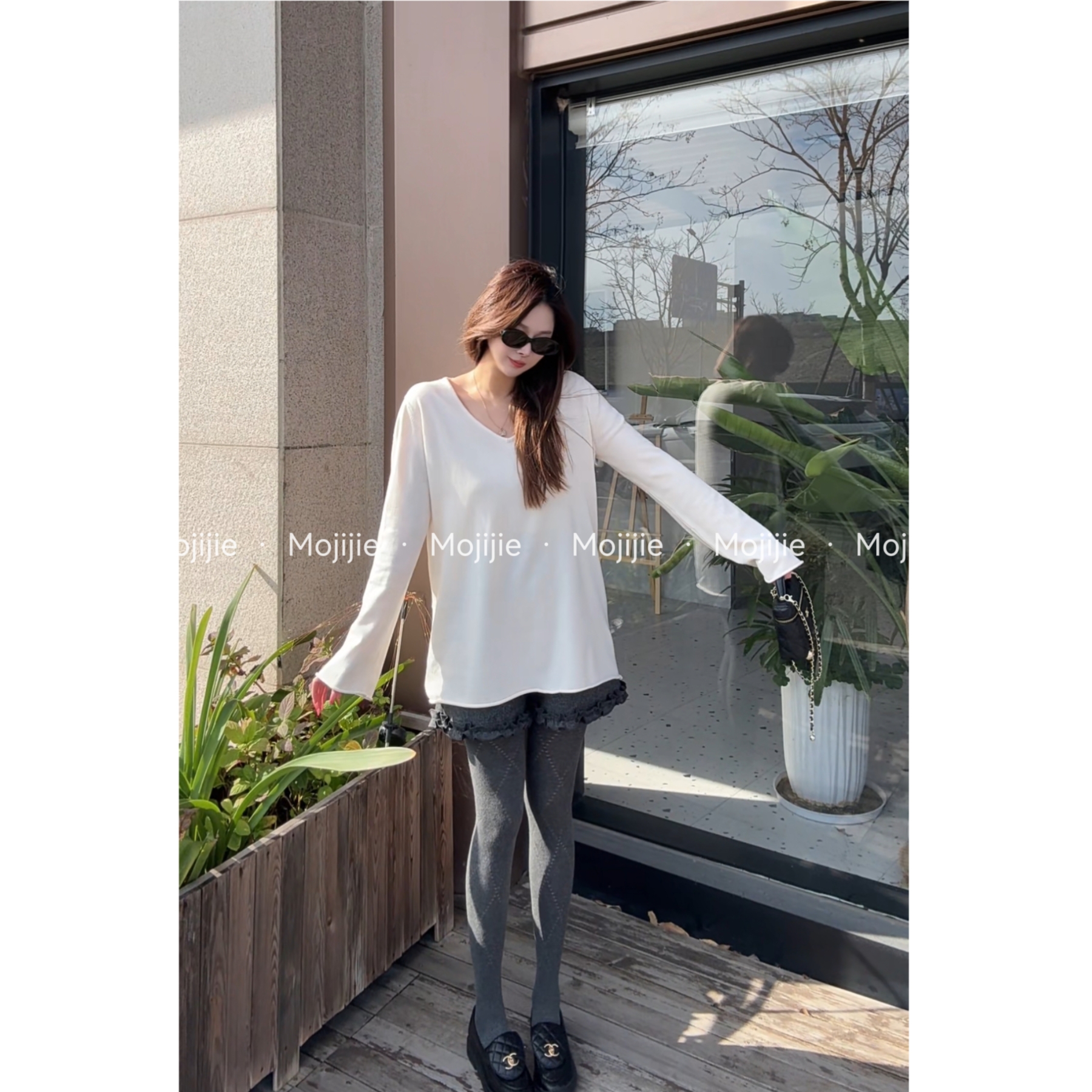 墨迹姐高个子微胖“V领针织宽松”春秋中长款显瘦内搭打底衫