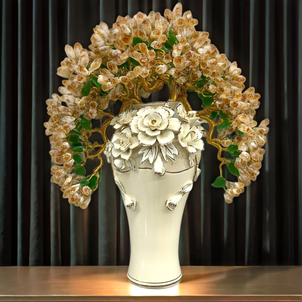 【原创轻奢高品】繁花似锦陶瓷摆件天然黄水晶转运树摆件八方来财