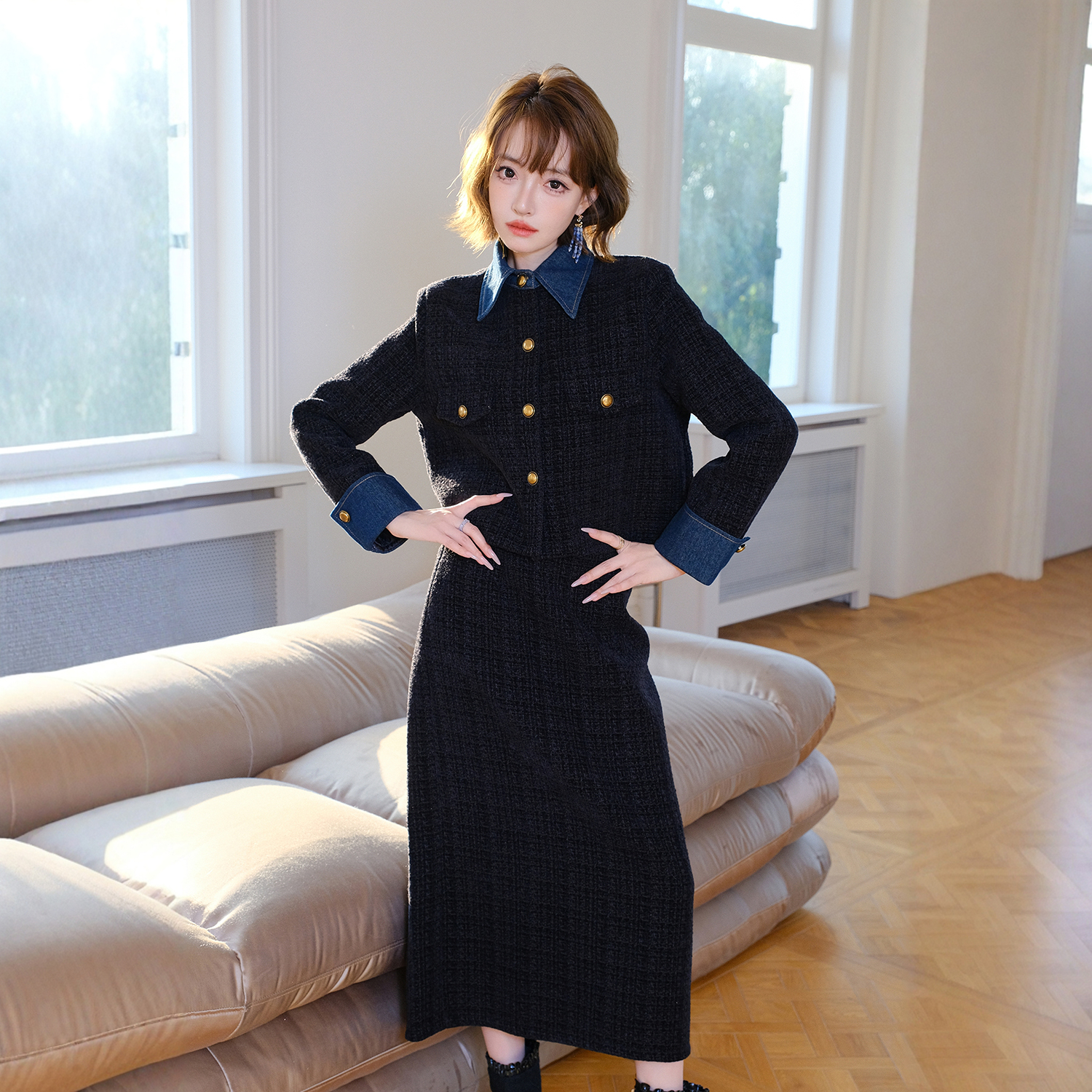 MIUCO小香风套装牛仔拼接粗花呢POLO领长袖短外套直筒半身裙套装