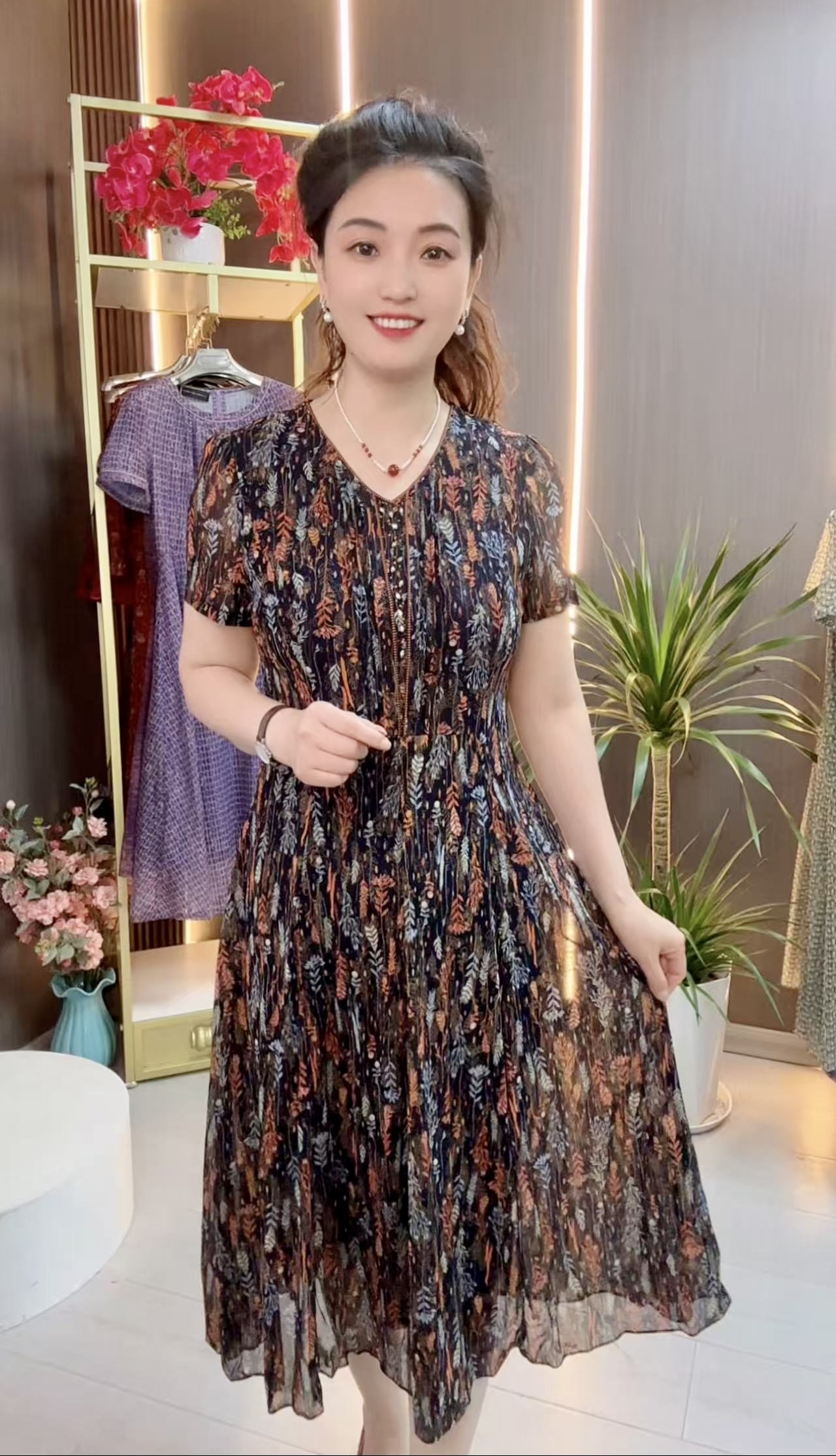 7183夏季短袖台湾纱连衣裙时尚高腰显瘦气质百搭中长裙