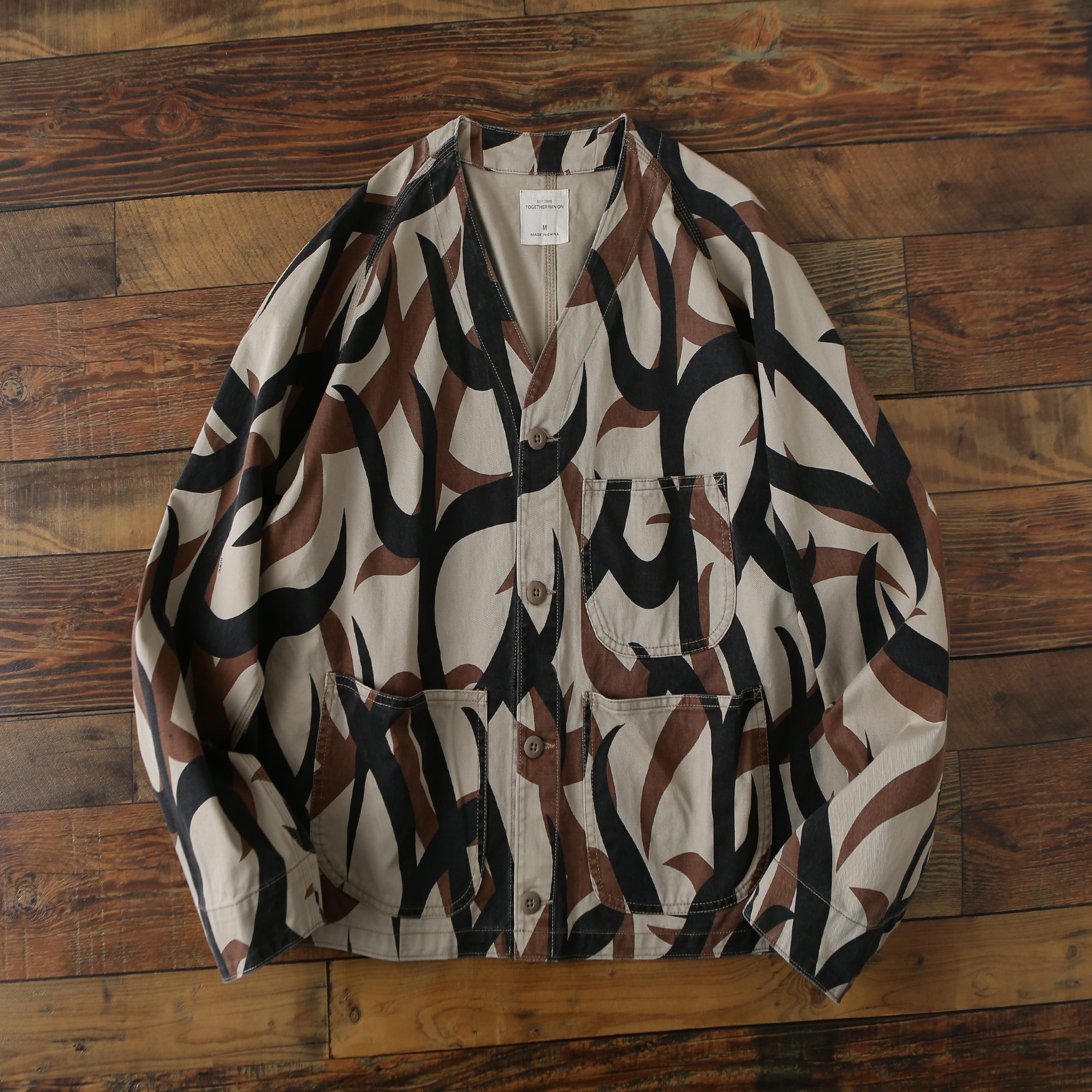 全棉印花V领外套男士宽松复古潮流