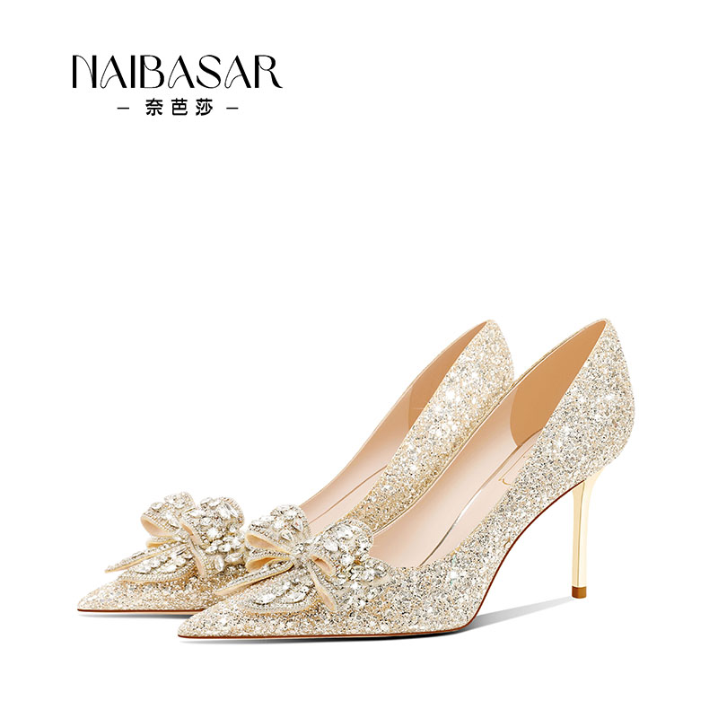 NAIBASAR/奈芭莎女士婚鞋两穿水晶高跟鞋主婚纱礼服鞋不累脚单鞋