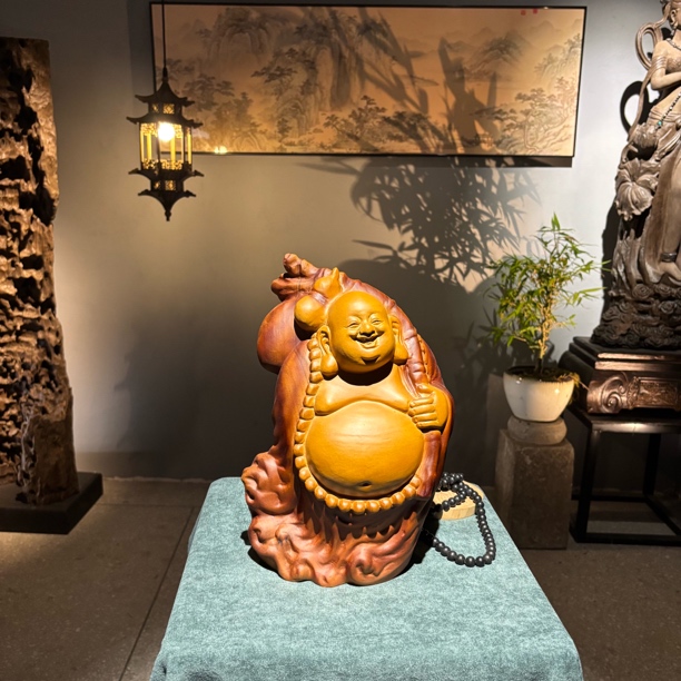 福袋布袋弥勒香樟木实木雕作品家居装饰工艺品整木整雕精雕精美