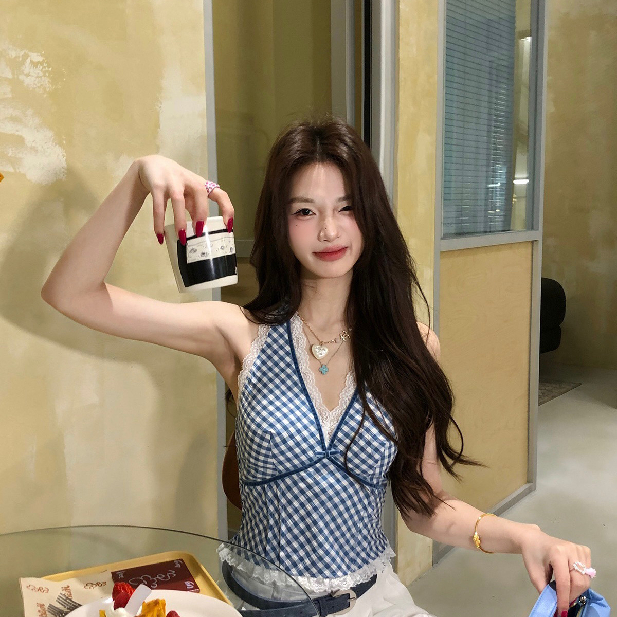 心吊带拼接蕾丝内搭性感挂脖辣妹上衣小衫蝴蝶结可拆卸W6086