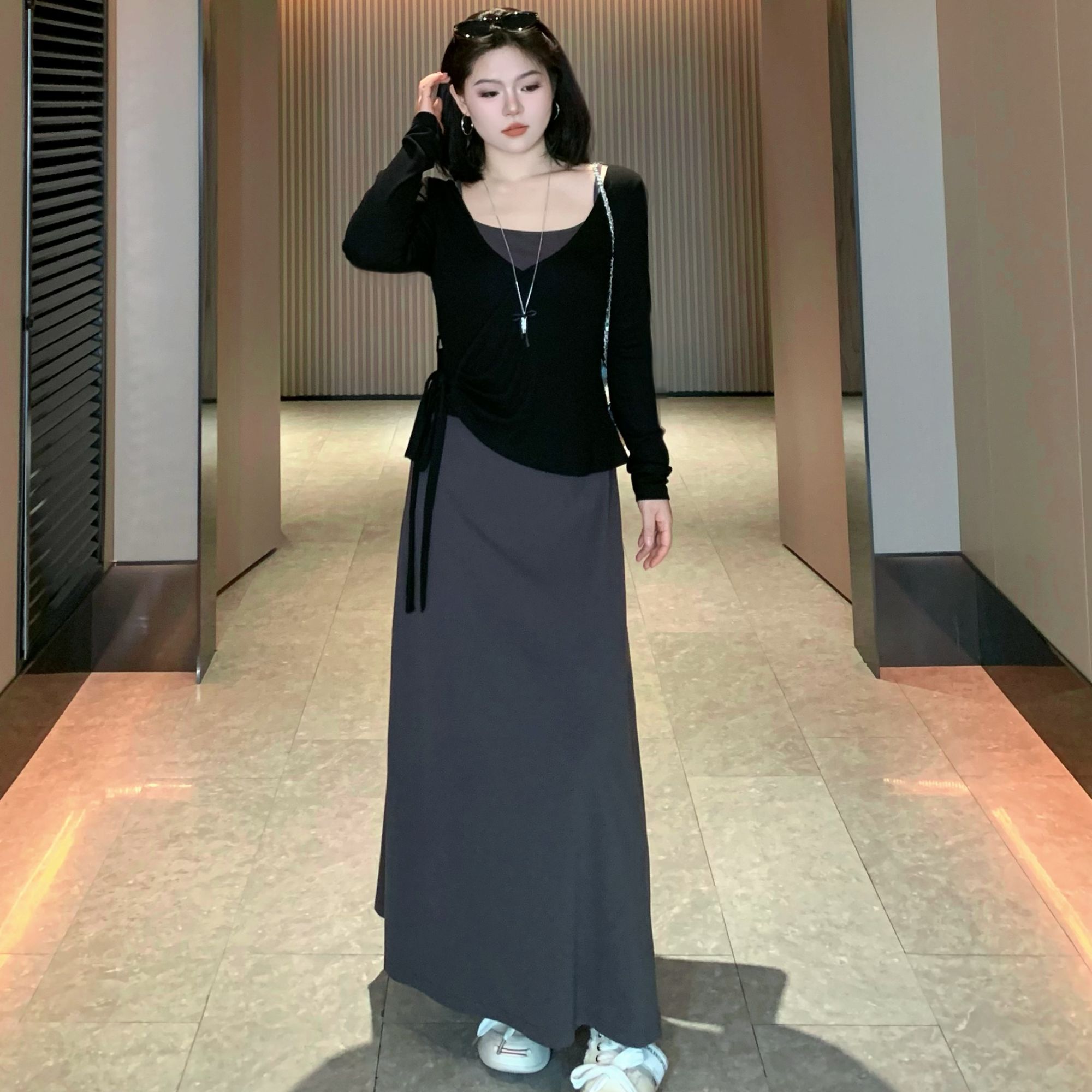 ARSENE【微醺】初秋慵懒感微胖mm修身显瘦长袖绑带t微胖套装-S1365