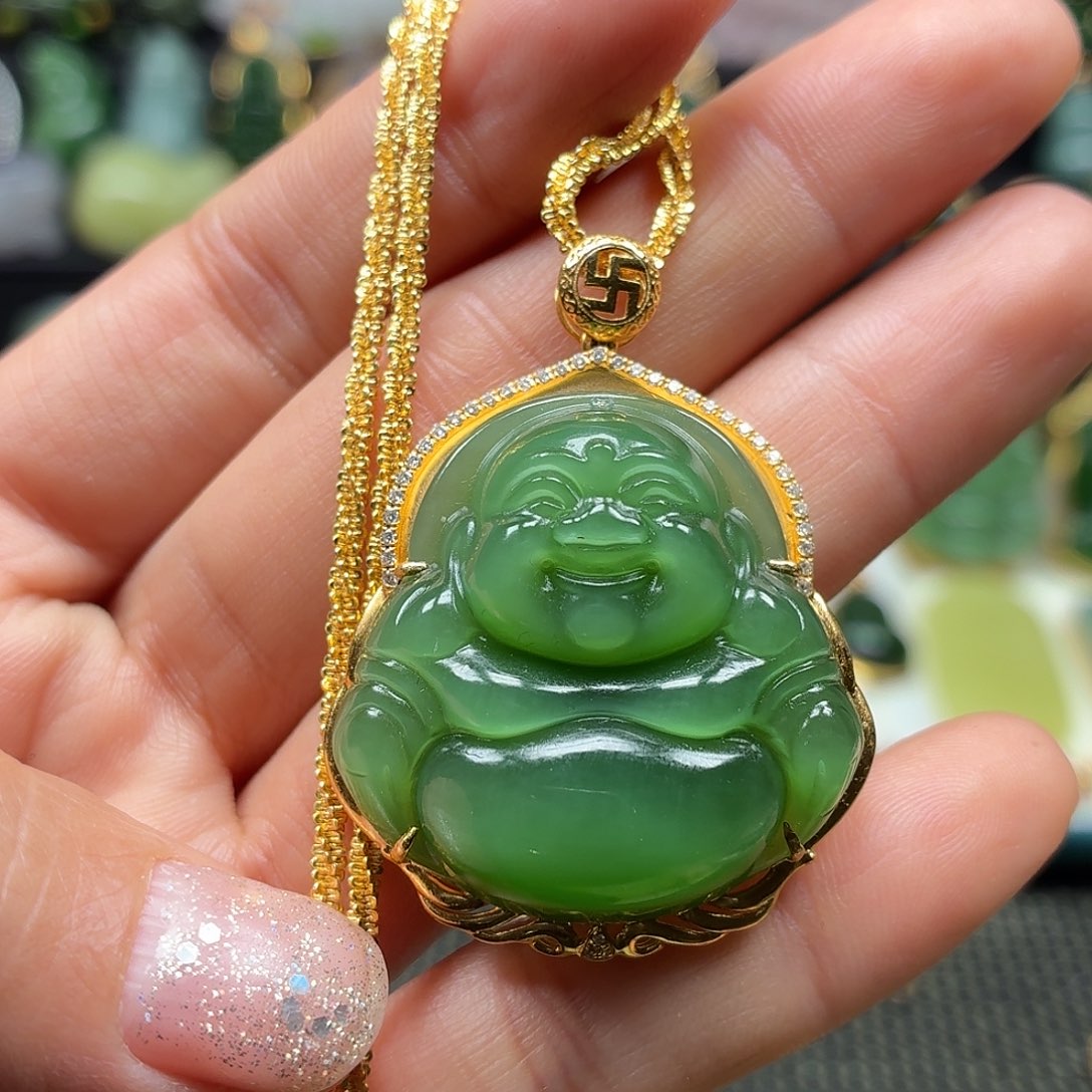 和田玉18K金镶嵌颈饰绿猫精品