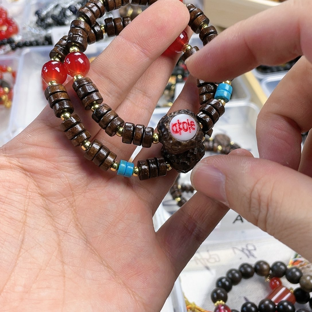 檀香木手串银S925镀金镶嵌