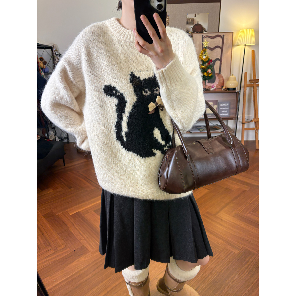 复古卡通猫咪提花毛衣女韩版秋冬新款软糯宽松百搭显瘦针织衫套头