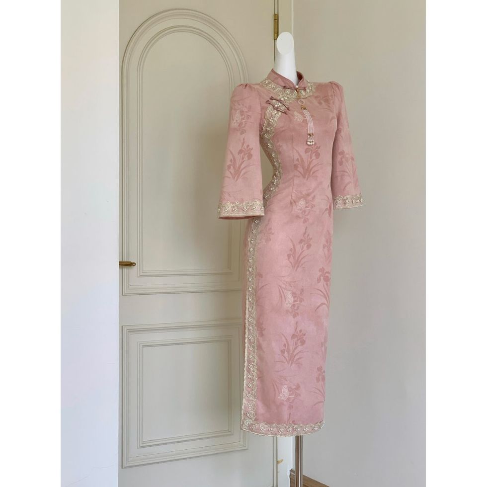 画报夫人【荔枝美人】新中式粉色改良旗袍高级感重工钉珠倒大袖温