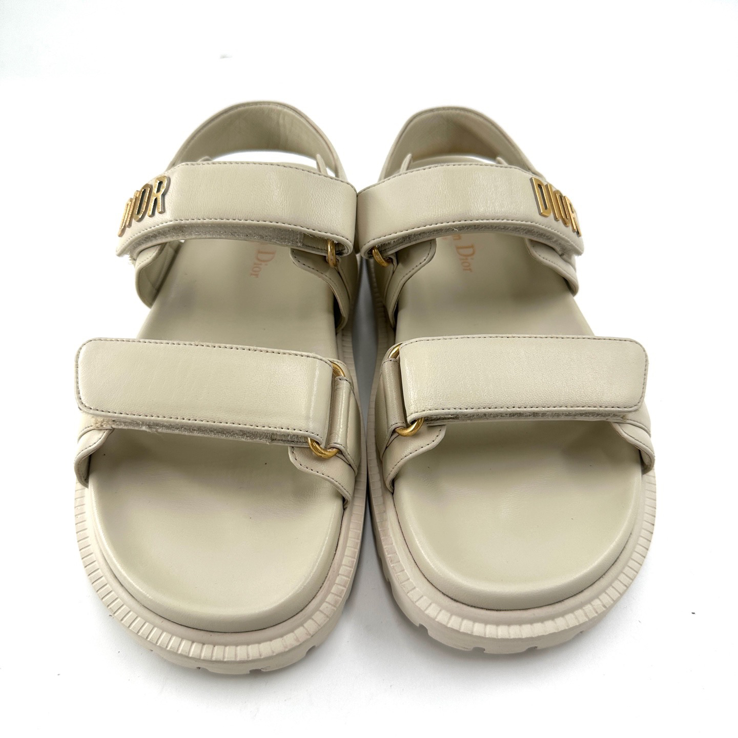 95新 DIOR/迪奥 37.5码/米白色魔术贴凉鞋/95新/编码0649