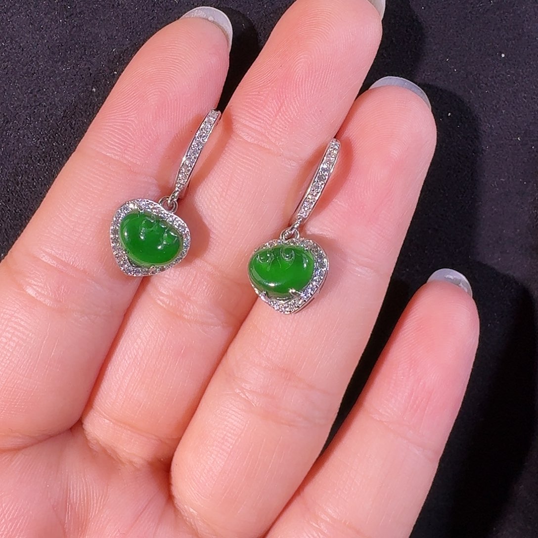 翡翠耳饰银S925镶嵌如意